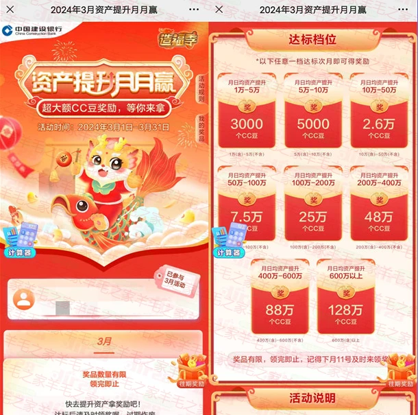 建行资产提升活动!月月赢领3000-128万个CC豆,4月11日瓜分领取