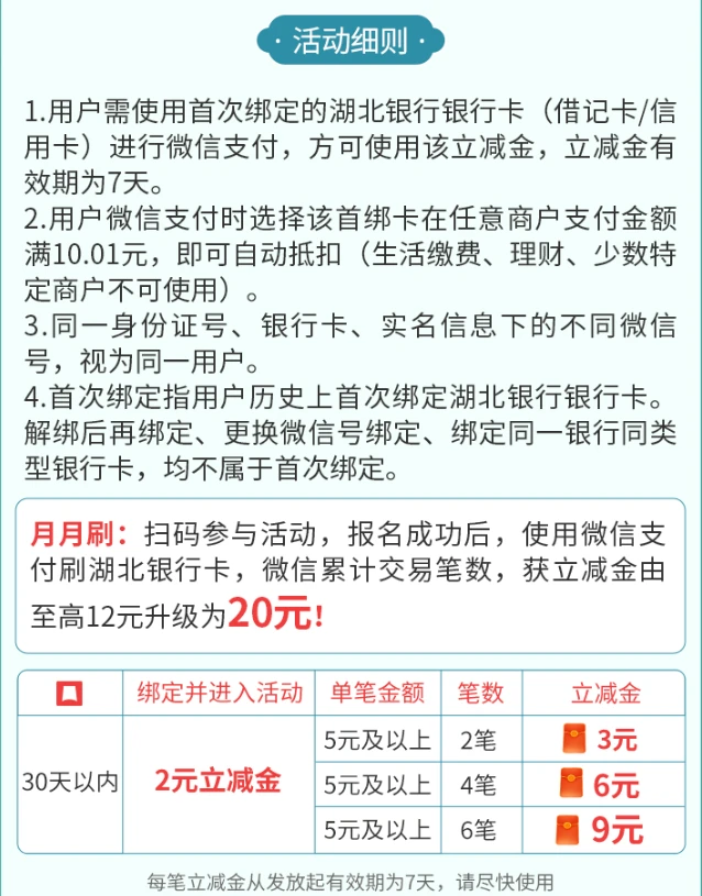 湖北银行微信支付月月刷 消费得微信立减金（24年6月活动）