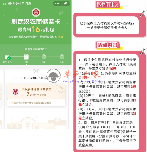 武汉农商银行月月刷微信支付月月刷 消费得微信立减金（24年6月活动）