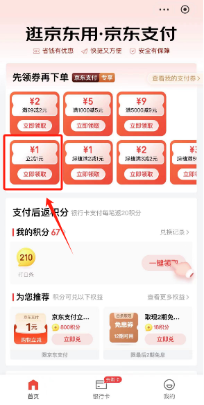 京东APP搜“京东支付”免费领取1元无门槛支付立减金 亲测秒到卷包