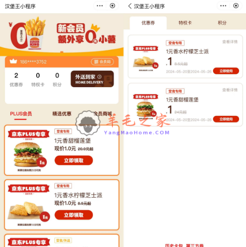 汉堡王京东Plus会员1元购榴莲堡、芝士派、浓浓拿铁等