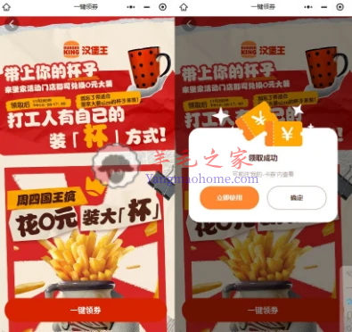汉堡王小程序免费领薯条兑换券 11月28日带杯子到店核销