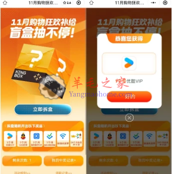 王卡助手11月购物狂欢免费抽各类会员 亲测中1个月优酷会员